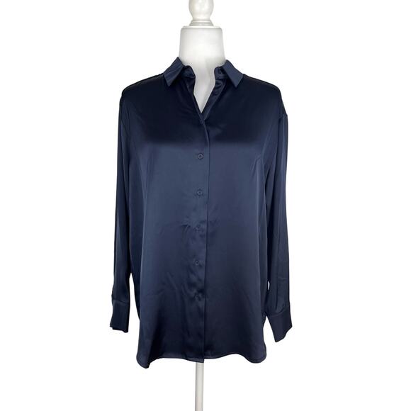 Now And This Button Down Dark Blue Satin Top - Picture 1 of 7